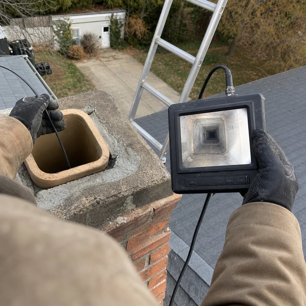 Professional technician performing a chimney inspection with a camera system. in Red Hook, NY