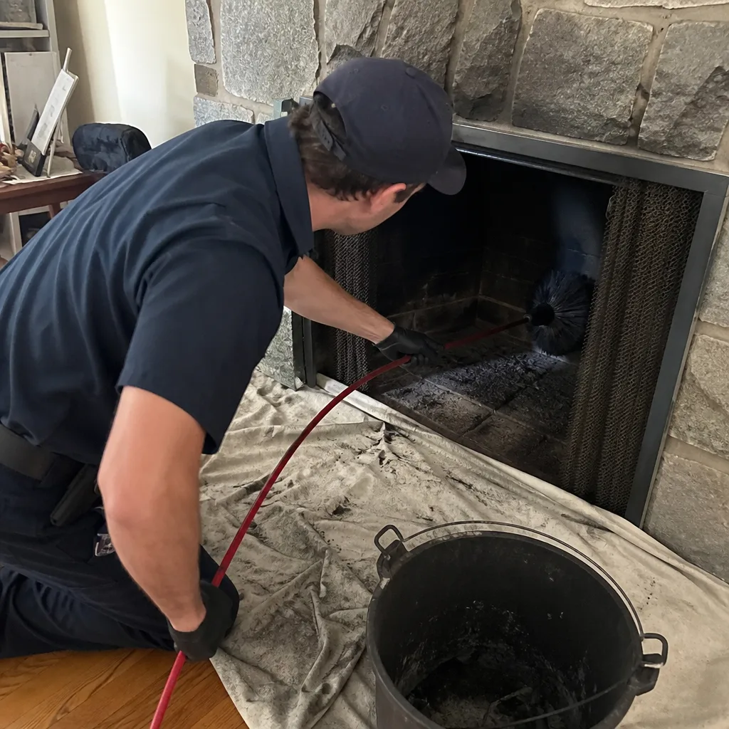 Professional chimney sweep cleaning soot from a residential fireplace with brush tool