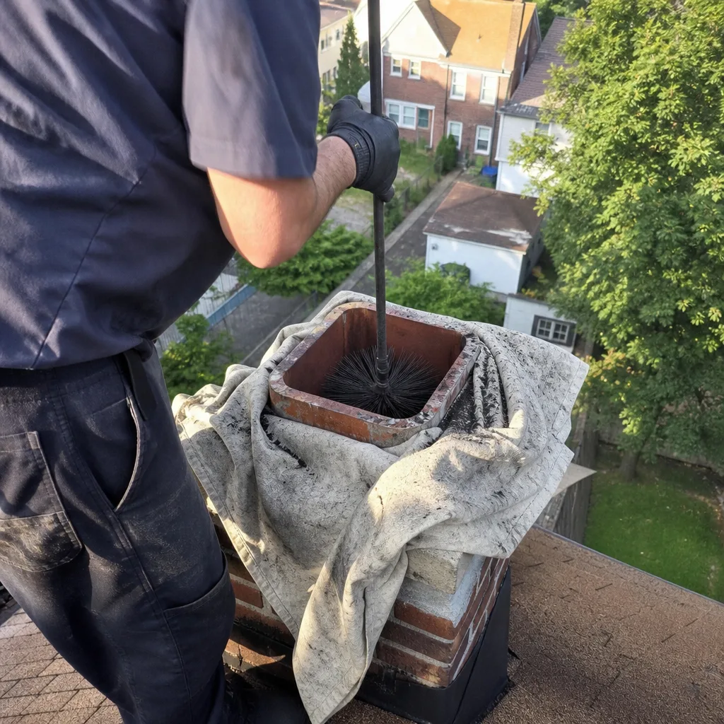 Professional chimney sweep cleaning a brick chimney with a brush tool