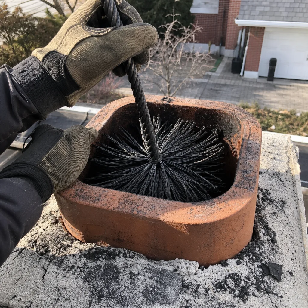 Professional chimney sweep cleaning a chimney flue with a wire brush