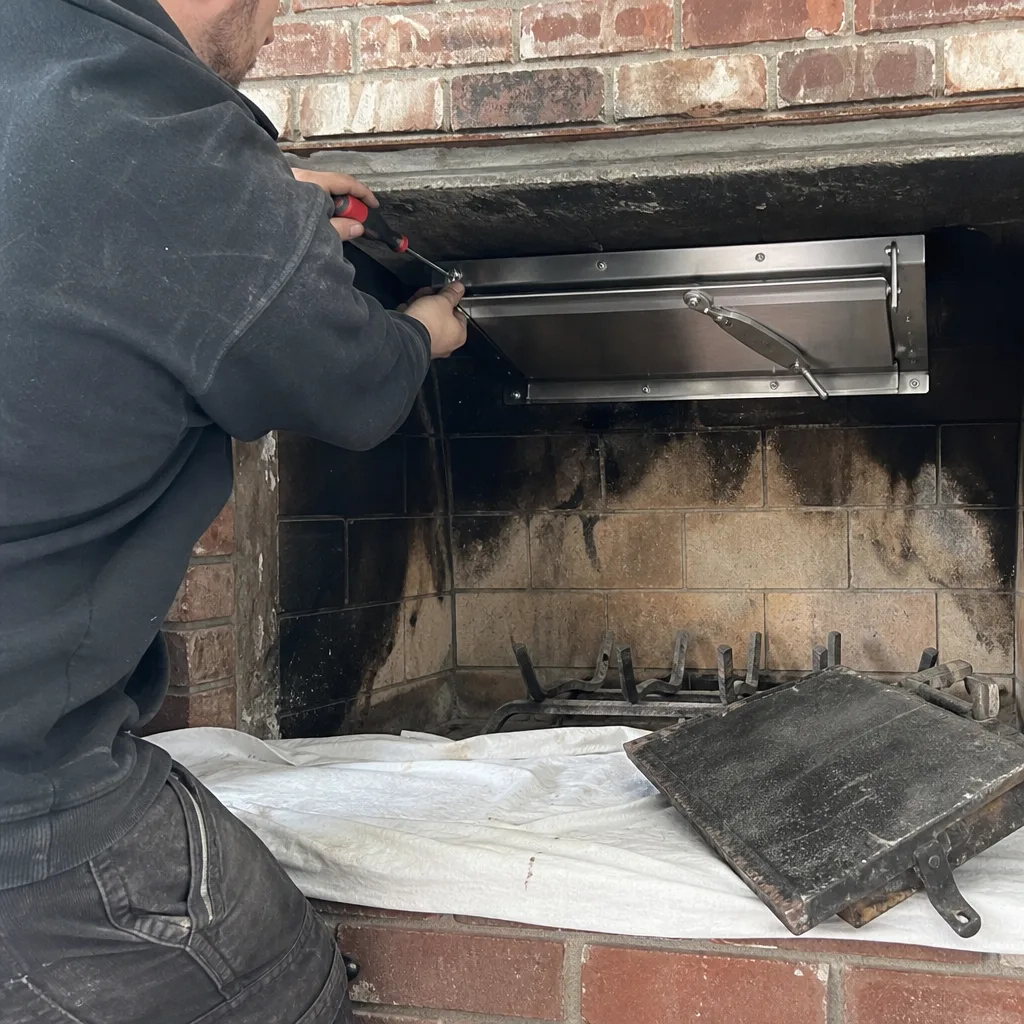 Professional technician installing a new stainless steel fireplace chimney damper