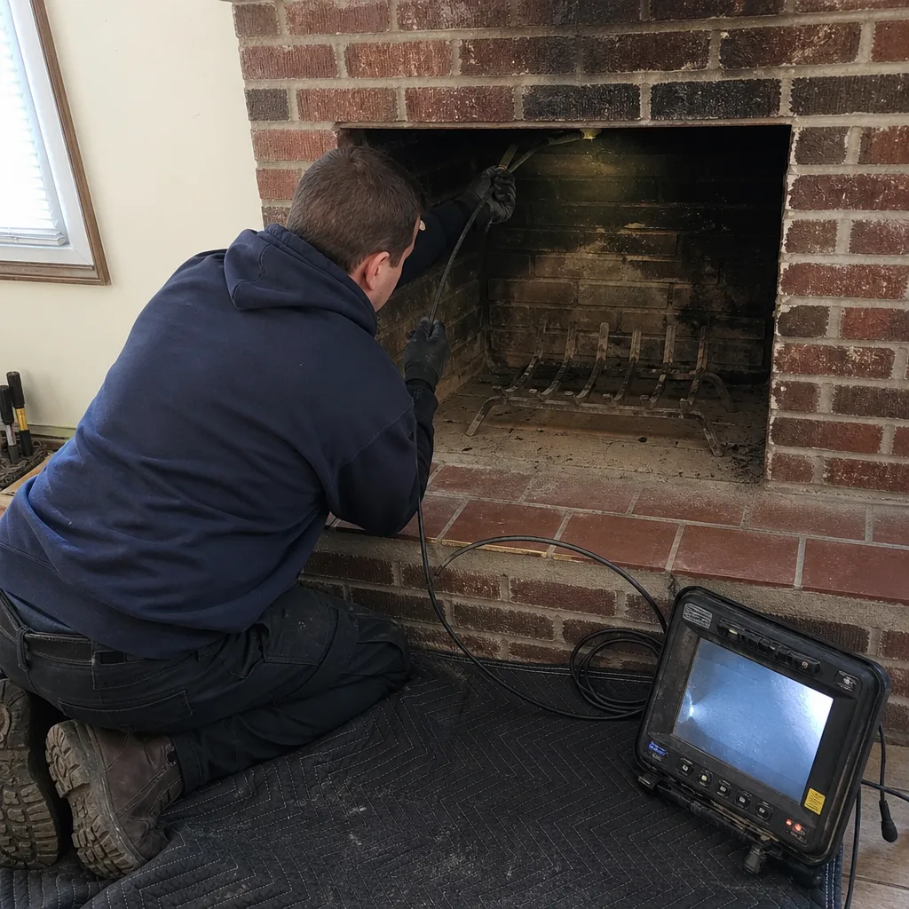 Technician performing a professional fireplace and chimney inspection with a camera